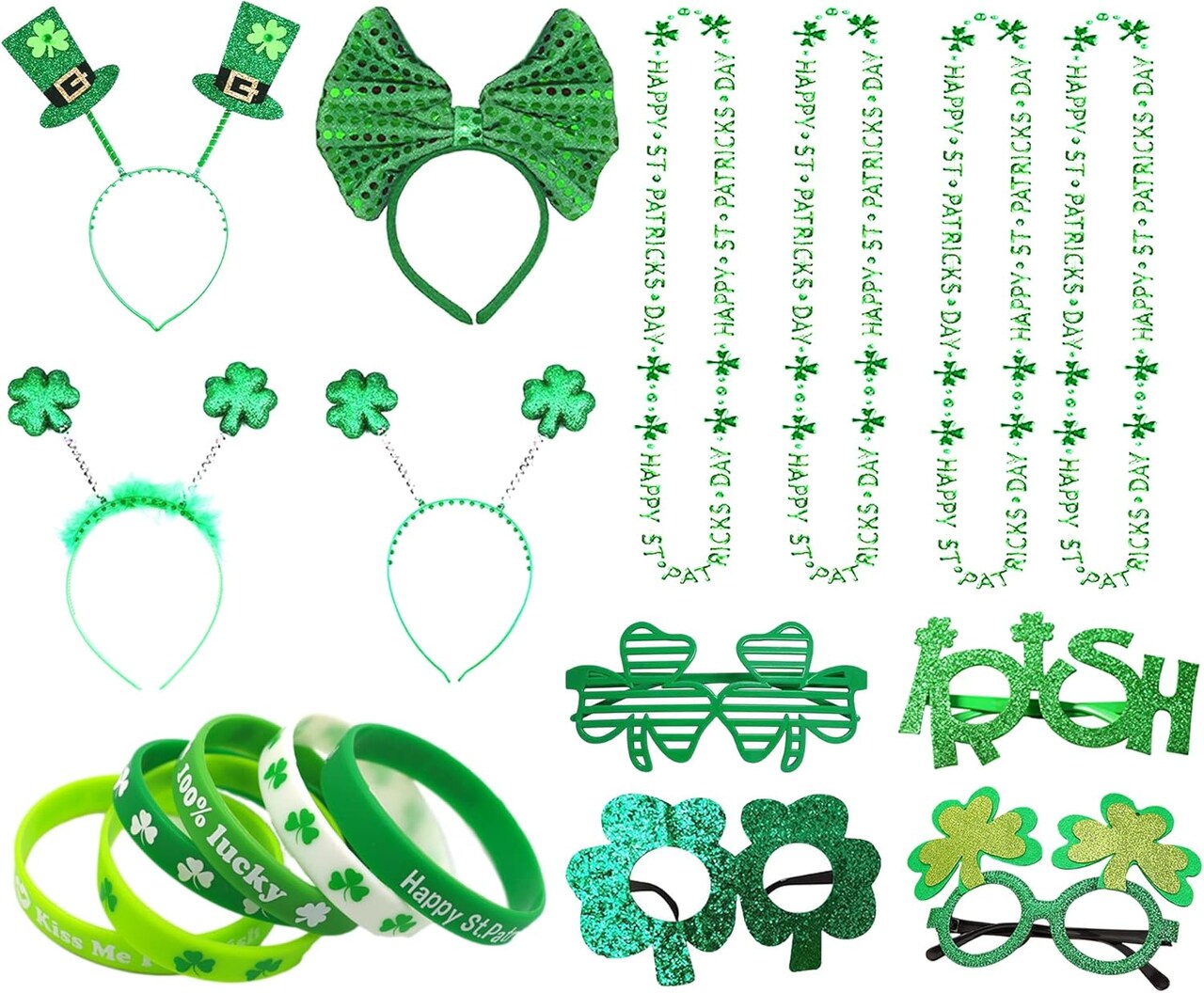 18 Pcs St. Patrick's Day Accessories for Kids, St. Patrick's Day Headbands, Lucky Bracelet, Shamrock Eyeglass and Clover Necklace for Irish Party Supplies Decorations